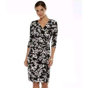 Chaps Faux Wrap Dress Black White Knee Length Floral Ruched 3/4 Sleeve Size XL